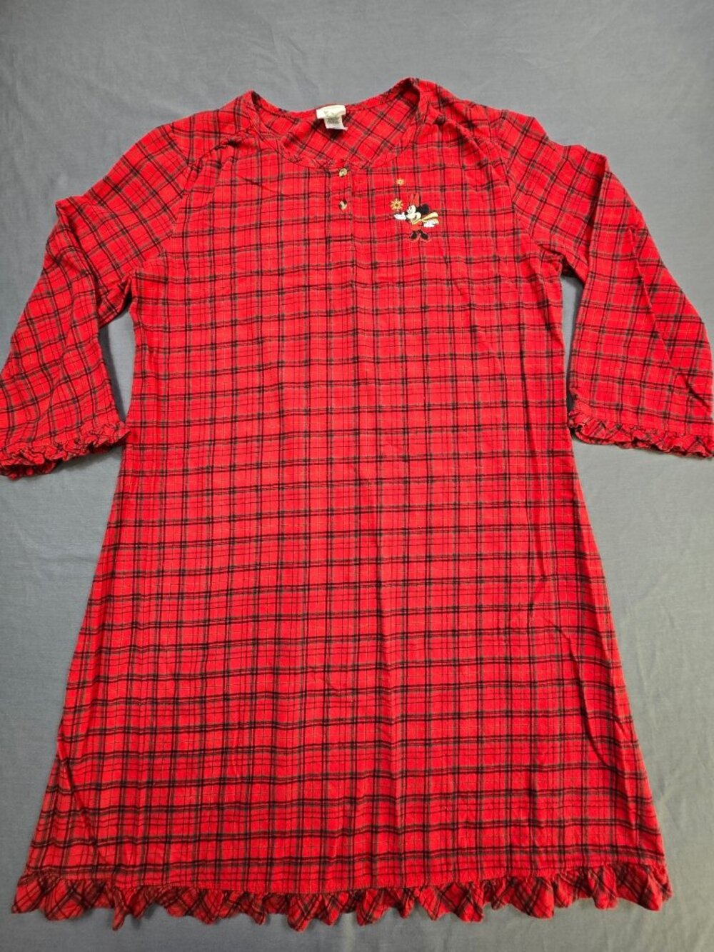Disney XL Nightgown Red Minnie Mouse Plaid Flannel Long-Sleeve Lightweight